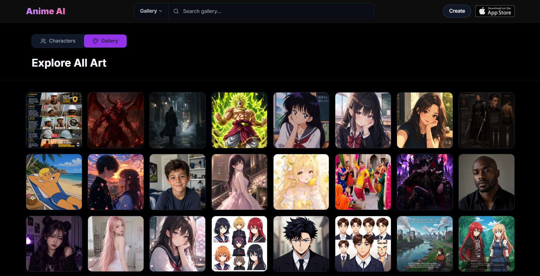 Главная страница сайта Anime AI с коллекцией разнообразных арт-изображений в стиле аниме и других жанров.