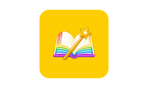 Яркая иконка открытой книги с цветными страницами и волшебной палочкой на желтом фоне