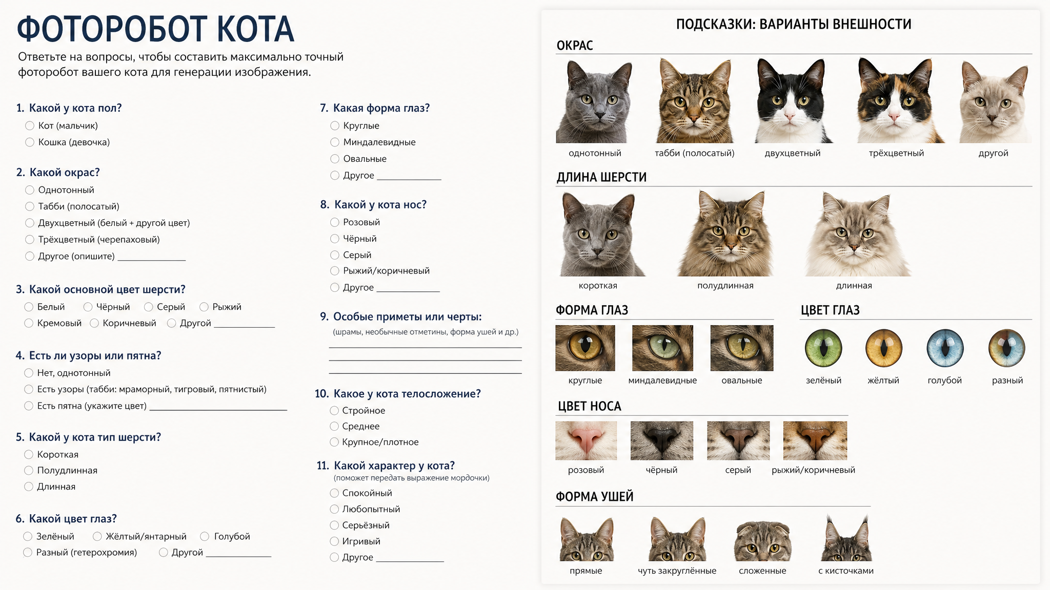 Анкета для создания фоторобота кота с вопросами о поле, окрасе, типе шерсти, форме глаз и других особенностях с подсказками и примерами вариантов внешности котов.