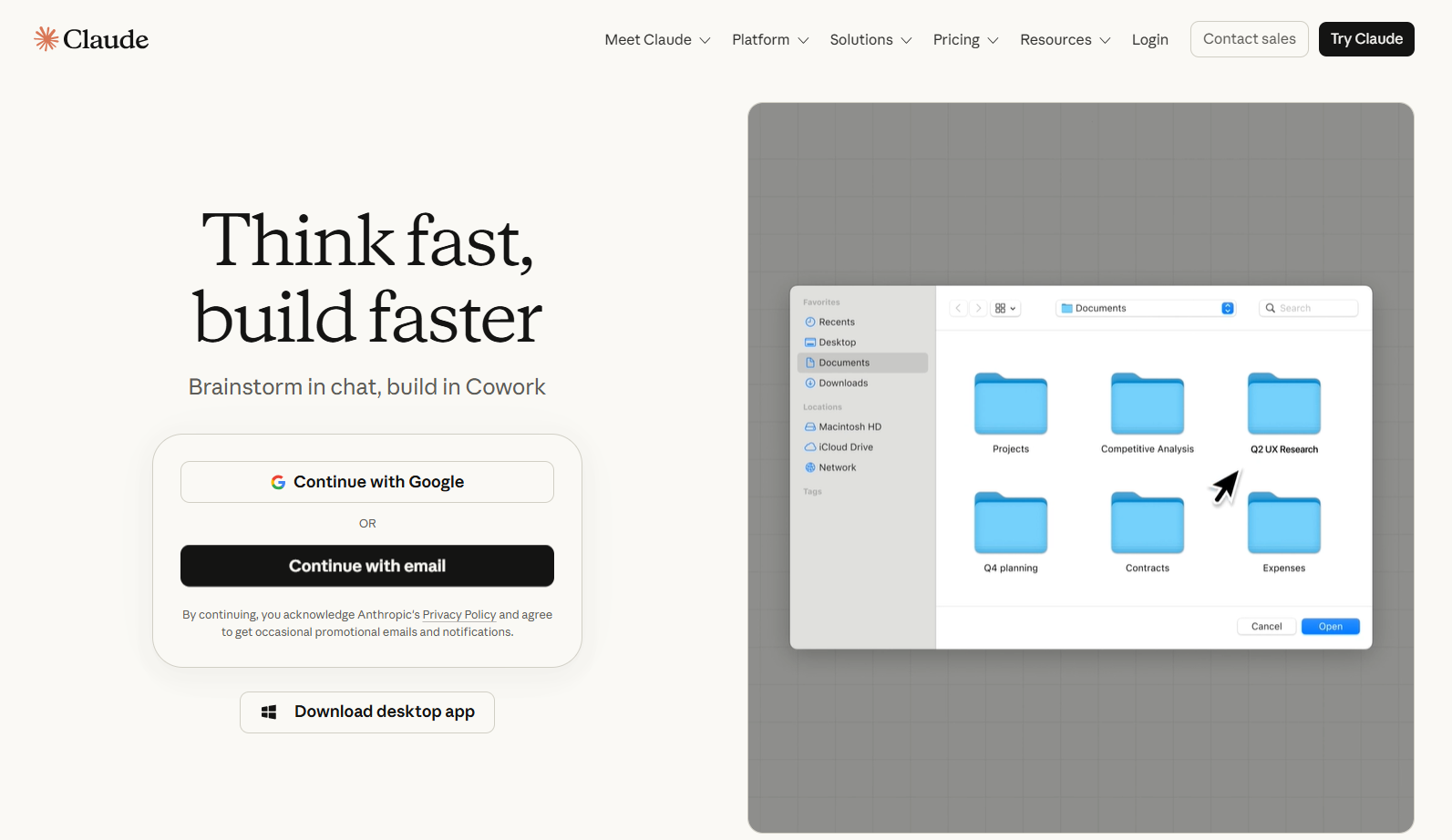 Веб-страница с логотипом Claude и заголовком Think fast, build faster, форма входа через Google или email, а также окно файлового проводника с папками Projects, Competitive Analysis, Q2 UX Research, Q4 planning, Contracts и Expenses.