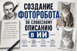 Плакат с процессом создания фоторобота с помощью ИИ на основе словесного описания, сопровождаемый фотографиями и рисунками человека и кота.