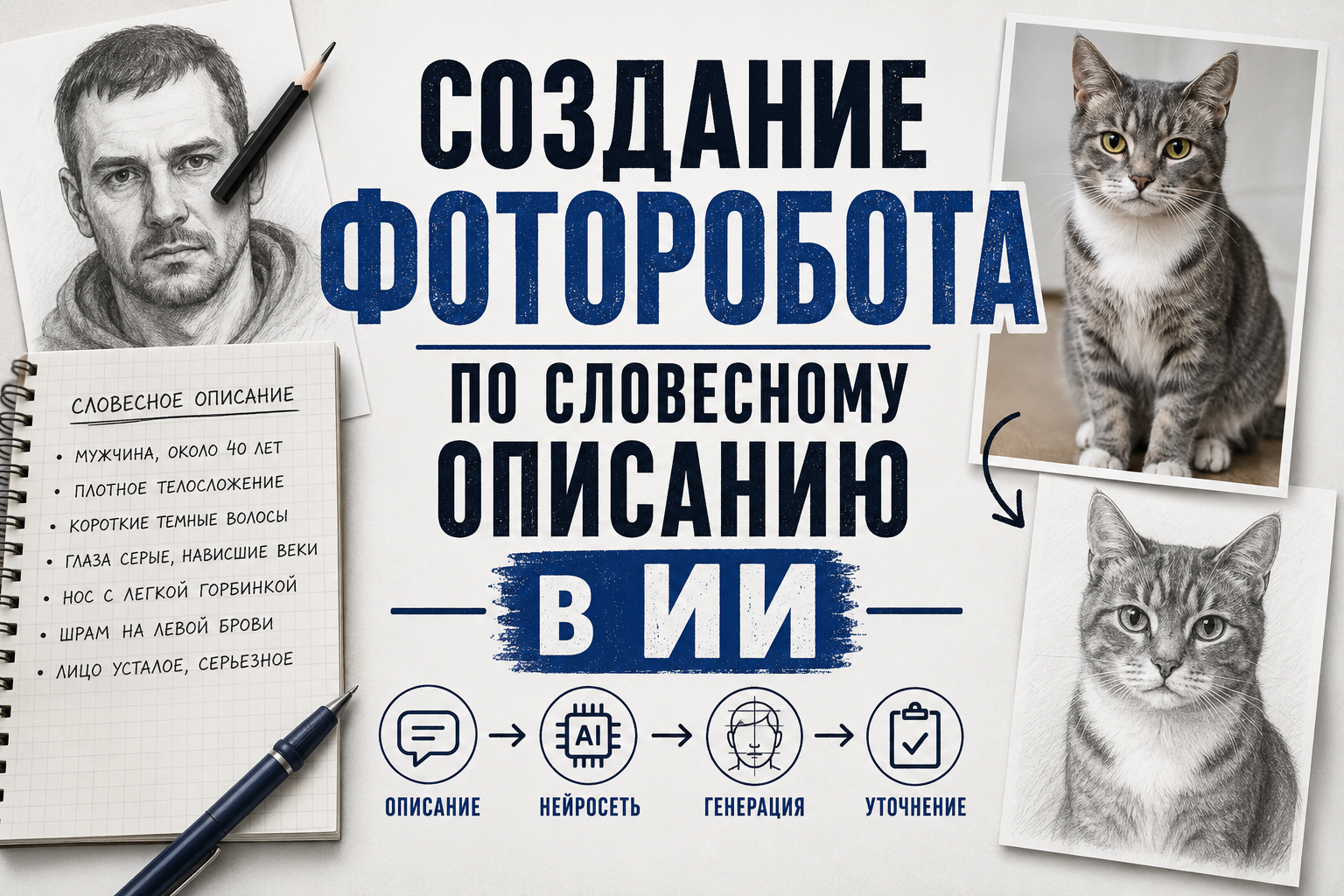 Плакат с процессом создания фоторобота с помощью ИИ на основе словесного описания, сопровождаемый фотографиями и рисунками человека и кота.