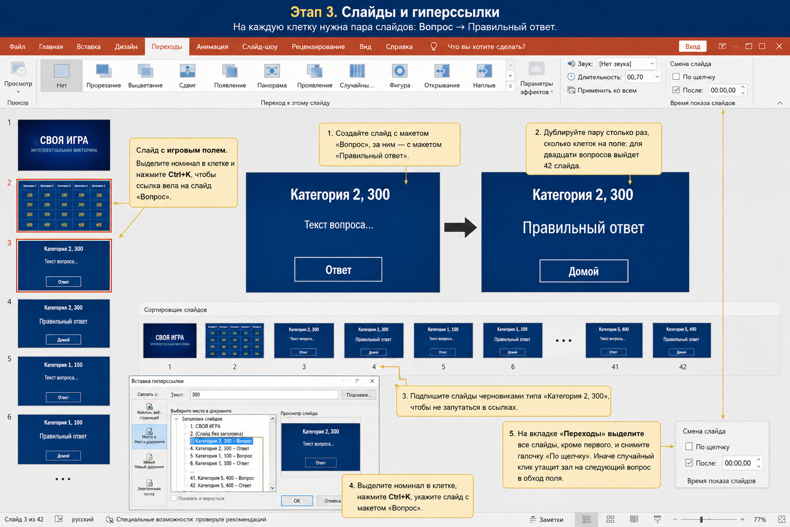 Скриншот презентации PowerPoint с инструкциями по созданию слайдов и гиперссылок для интеллектуальной викторины.