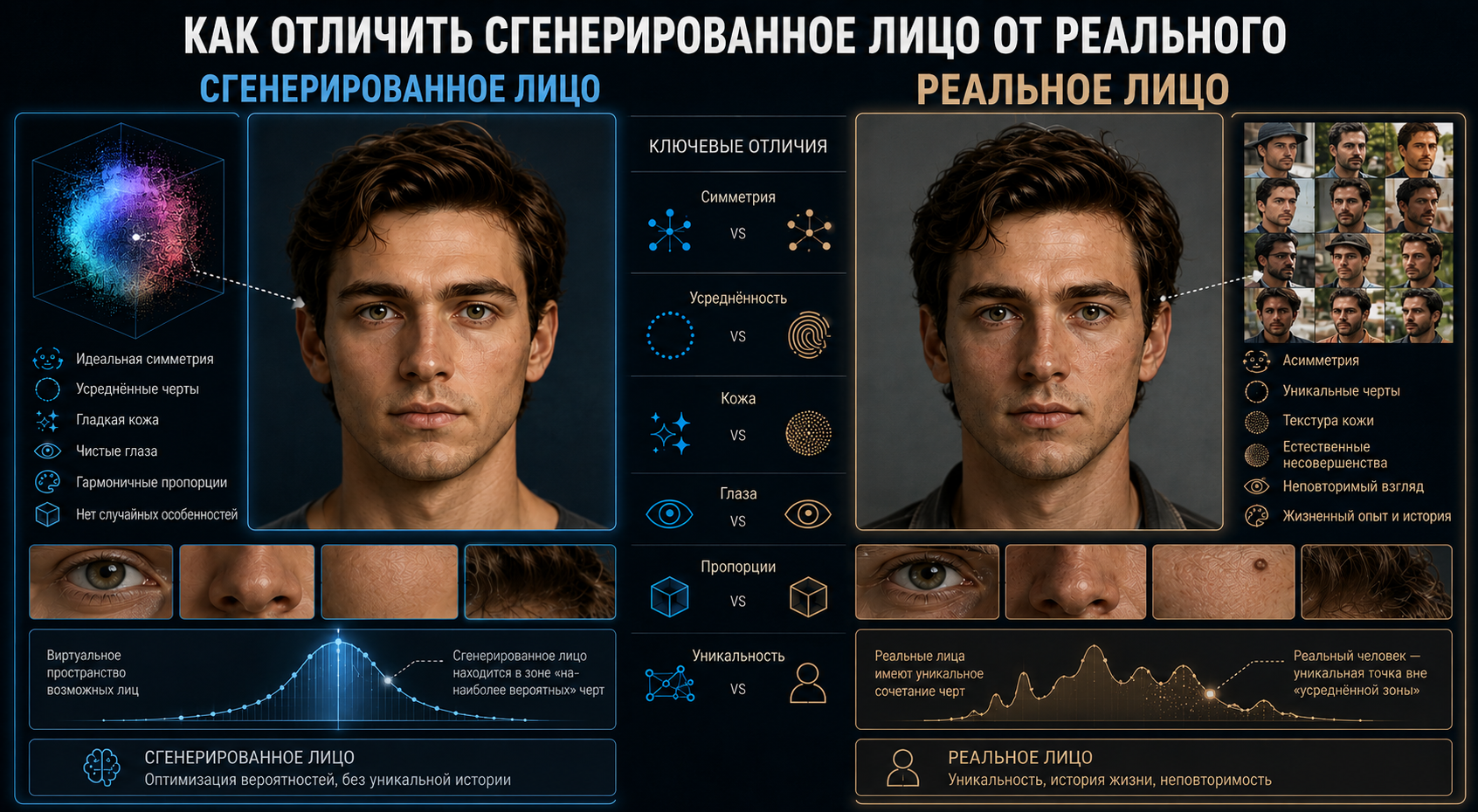 Инфографика, объясняющая, как отличить сгенерированное лицо от реального, с примерами и ключевыми отличиями в симметрии, коже, глазах и пропорциях.