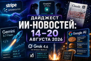 Дайджест новостей искусственного интеллекта за период 14-20 августа 2026 года с логотипами и упоминаниями ChatGPT for Teens, Claude AI, Stripe OpenRouter, Gemini 3.7 Flash, Grok 4.6 и Google AI.