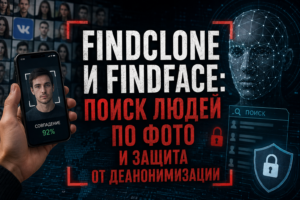 Изображение, показывающее использование технологии распознавания лиц на смартфоне с текстом на русском языке о сервисах FindClone и FindFace для поиска людей по фото и защиты от деанонимизации.