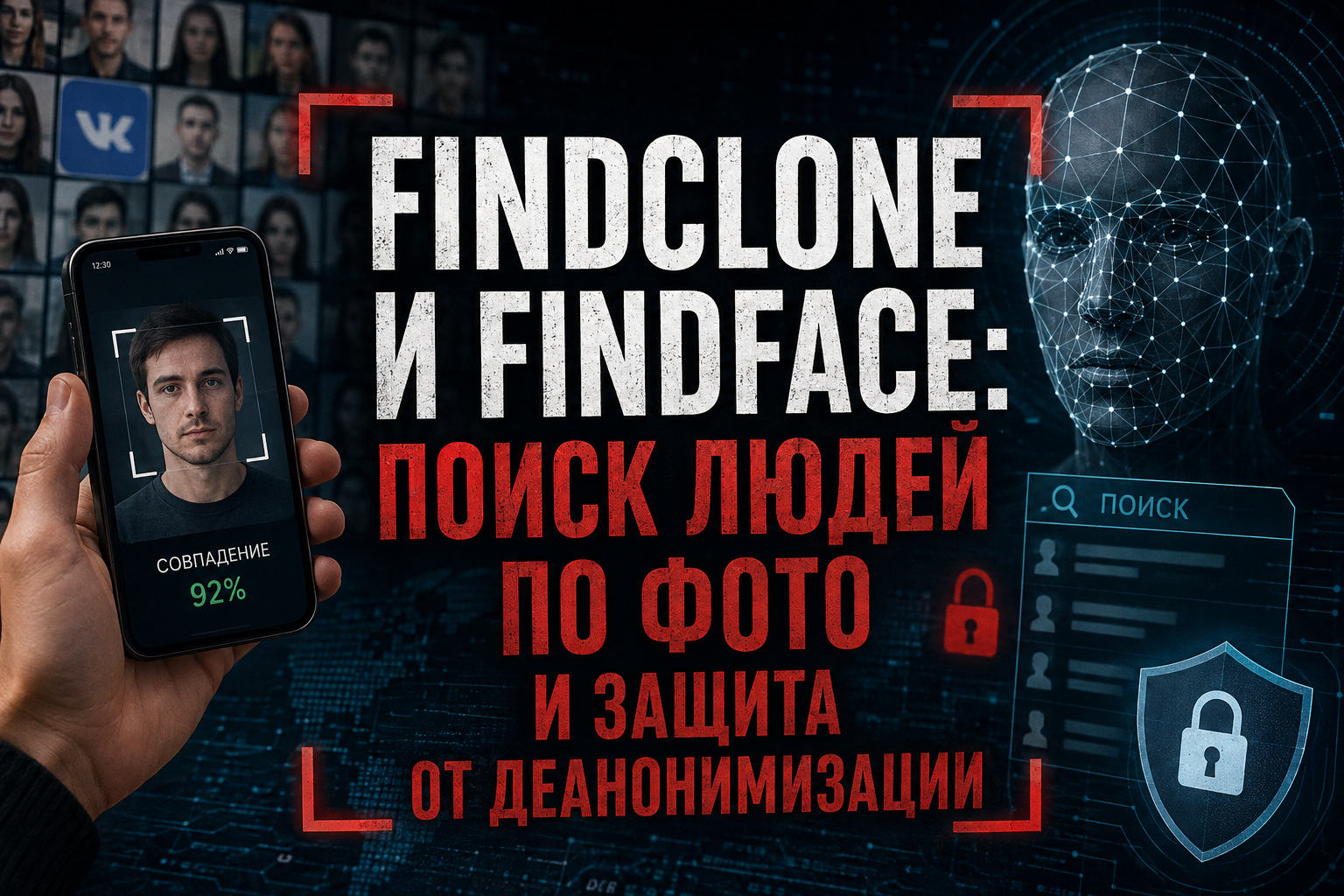 Изображение, показывающее использование технологии распознавания лиц на смартфоне с текстом на русском языке о сервисах FindClone и FindFace для поиска людей по фото и защиты от деанонимизации.