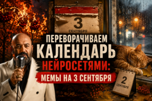 Мужчина с микрофоном на фоне горящего дерева и листьев, спящий рыжий кот рядом с настольным календарем на 2 сентября, а за ним календарь на 3 сентября.