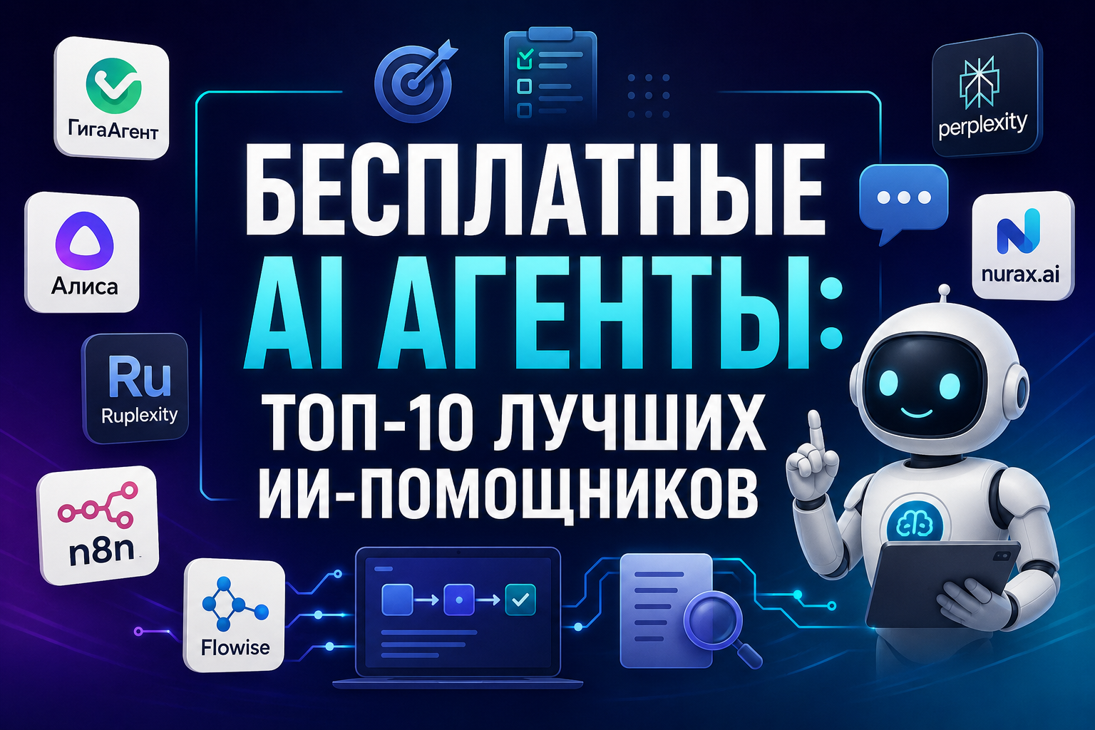 Изображение с заголовком 'Бесплатные AI агенты: топ-10 лучших ИИ-помощников' с логотипами различных AI агентов и изображением улыбающегося робота с планшетом на синем фоне.