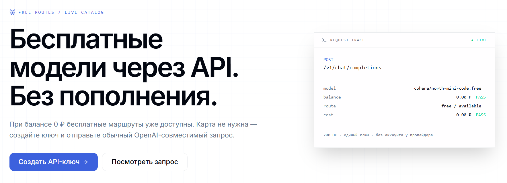Интерфейс веб-сайта с предложением бесплатных моделей через API без пополнения, кнопками создания API-ключа и просмотра запроса