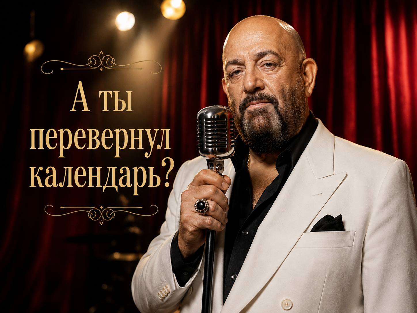 Мужчина в белом костюме с микрофоном на фоне красных штор и надписью на русском языке "А ты перевернул календарь?"