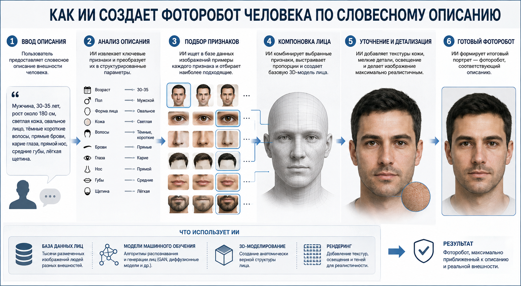 Инфографика, показывающая процесс создания фоторобота человека с помощью искусственного интеллекта по словесному описанию, включая этапы ввода описания, анализа, подбора признаков, компоновки лица, детализации и итогового результата.