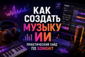 Изображение с текстом "Как создать музыку ИИ: практический гайд по SongHit", с элементами цифрового музыкального оборудования, ноутбуком с программой для создания музыки и микрофоном.