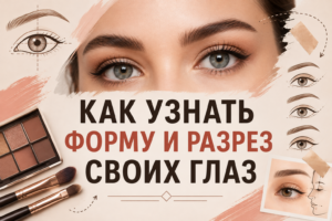Глаза женщины с разными формами и разрезами, палетка теней для век и кисти для макияжа, а также иллюстрации разных форм глаз и бровей.