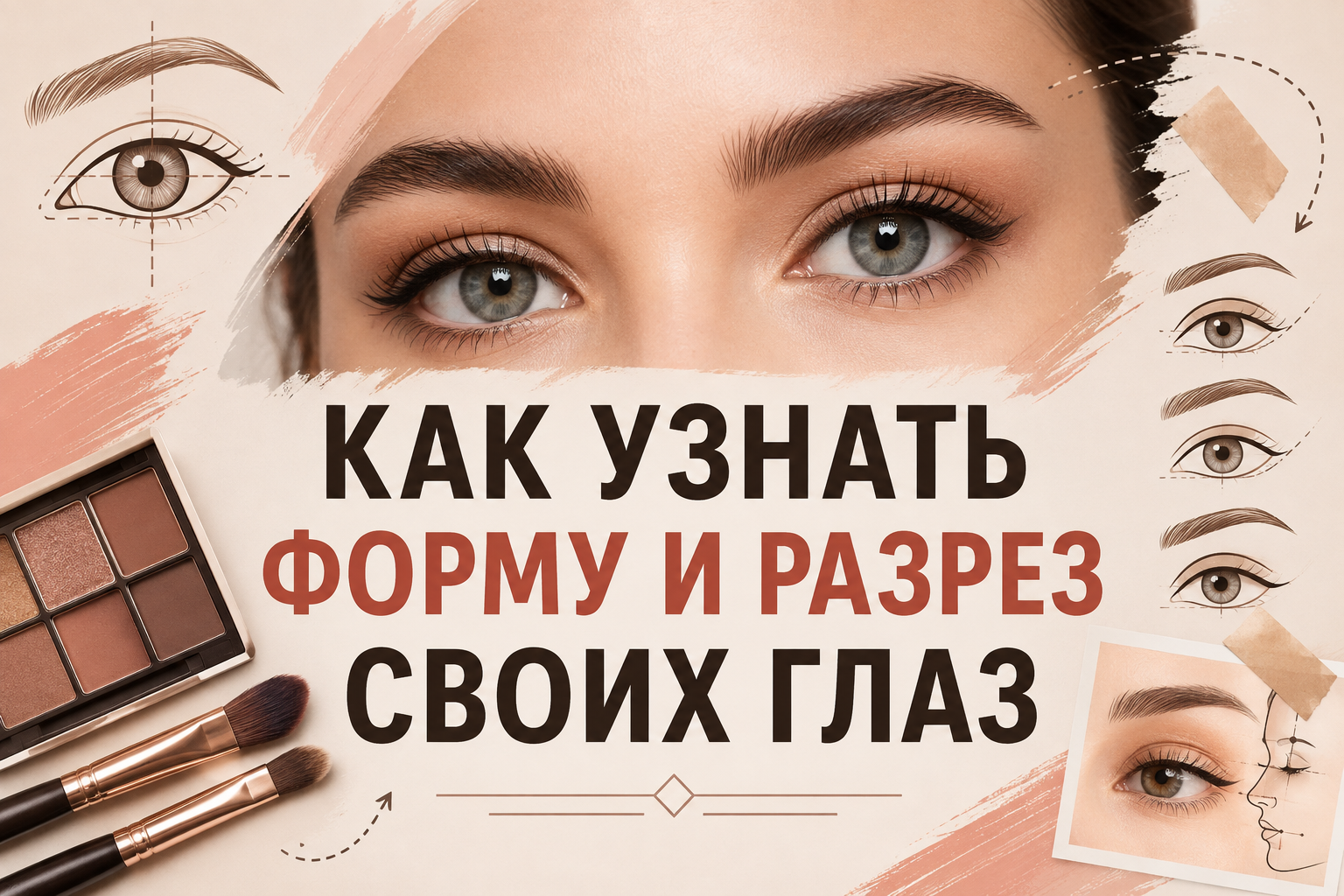 Глаза женщины с разными формами и разрезами, палетка теней для век и кисти для макияжа, а также иллюстрации разных форм глаз и бровей.