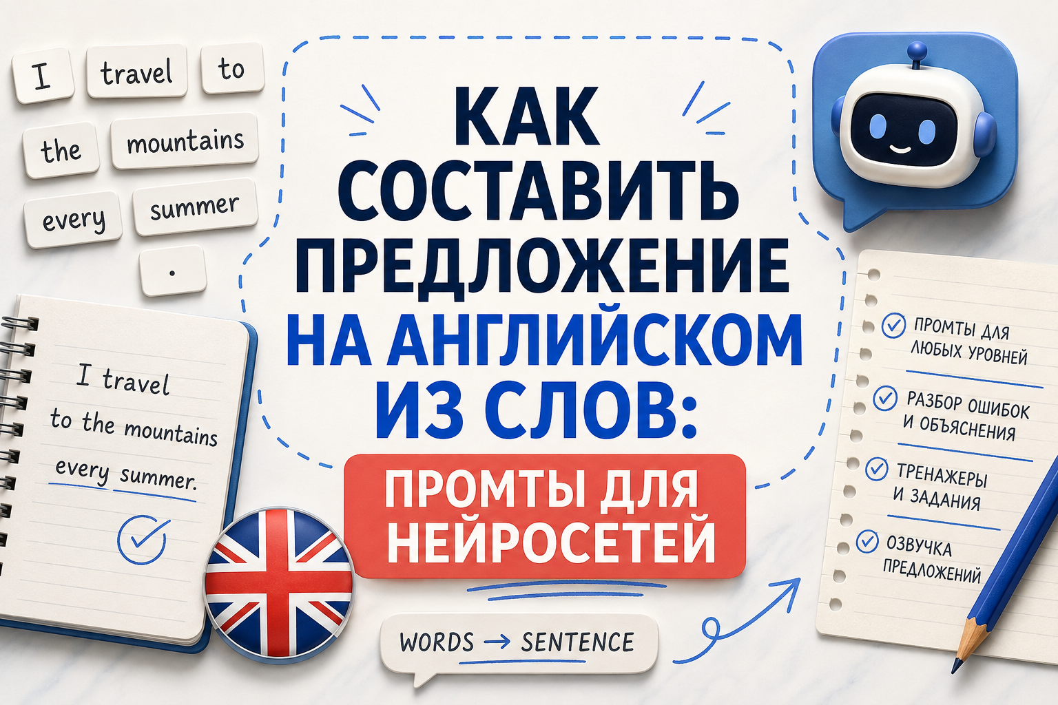 Образовательное изображение на русском языке о составлении предложений на английском языке с помощью нейросетей. На изображении есть текст, раскрывающий тему, а также учебные материалы и надписи на английском языке.
