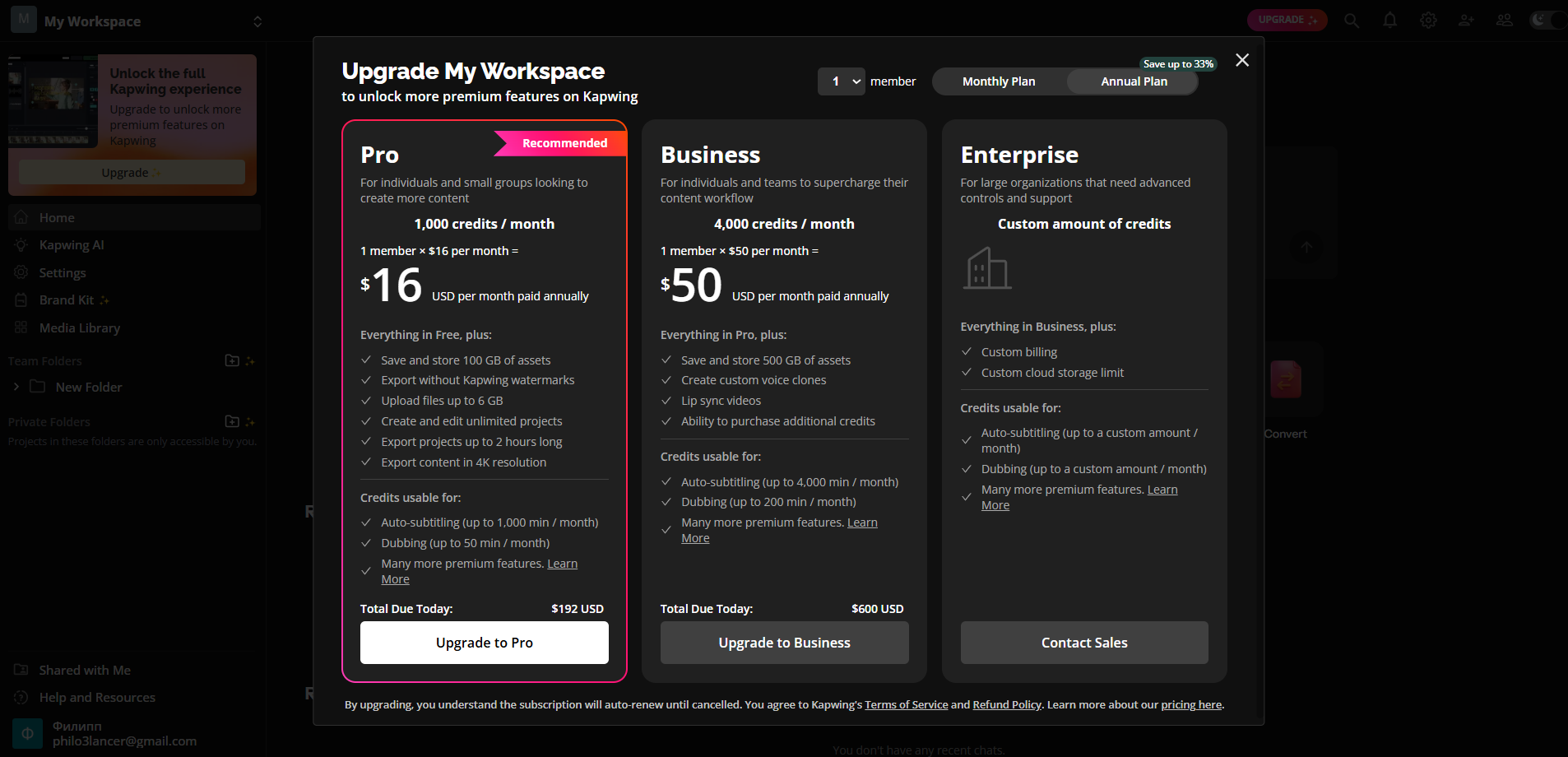 Экран с тарифными планами подписки Kapwing с тремя вариантами: Pro, Business и Enterprise.