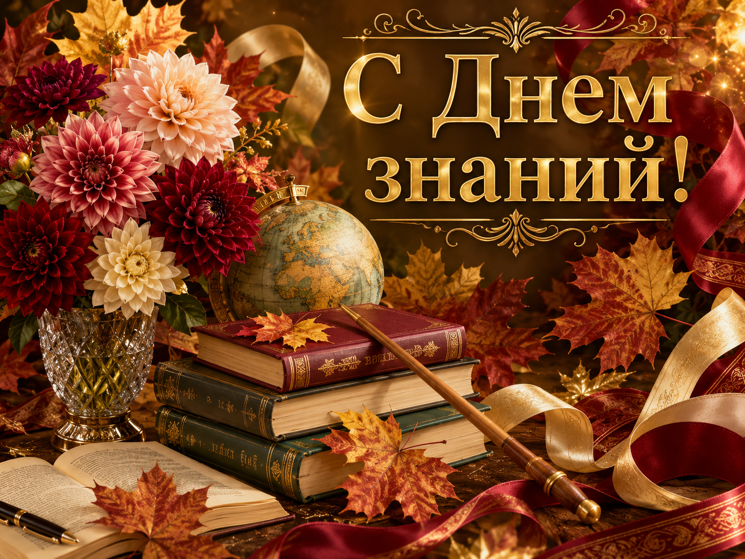 Композиция с учебниками, глобусом, осенними листьями и цветами в вазе, декоративной лентой и текстом "С Днем знаний!" на русском языке.