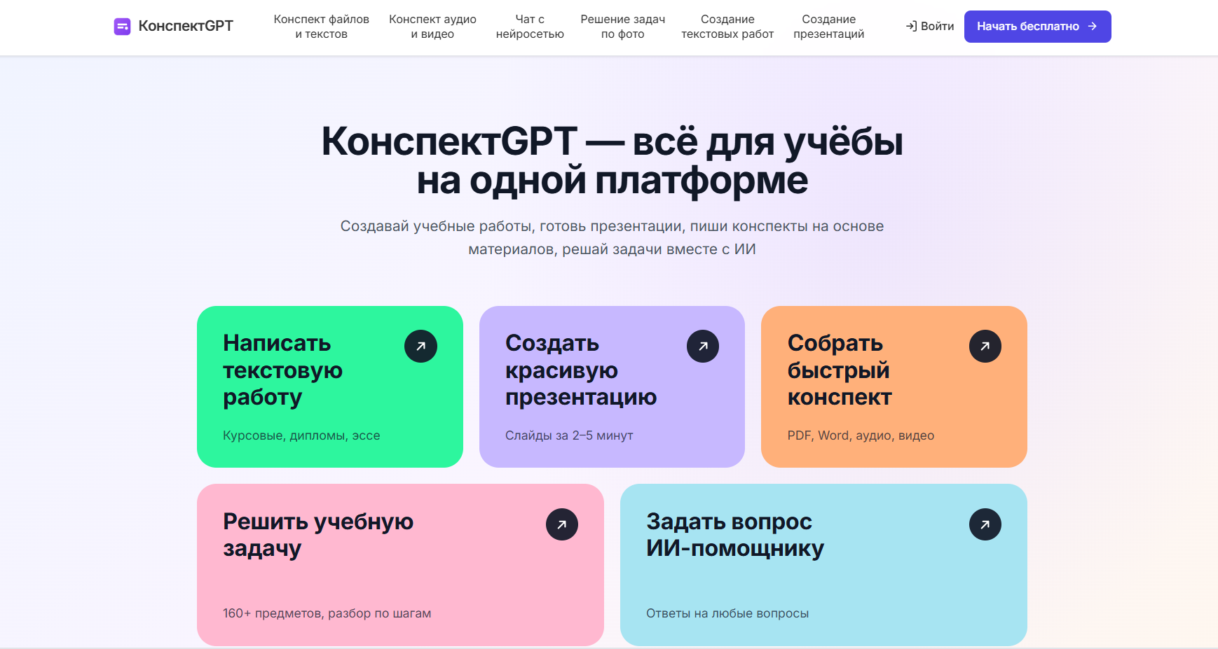 Главная страница сайта КонспектGPT с предложениями по созданию учебных работ, презентаций и решению задач с помощью ИИ.