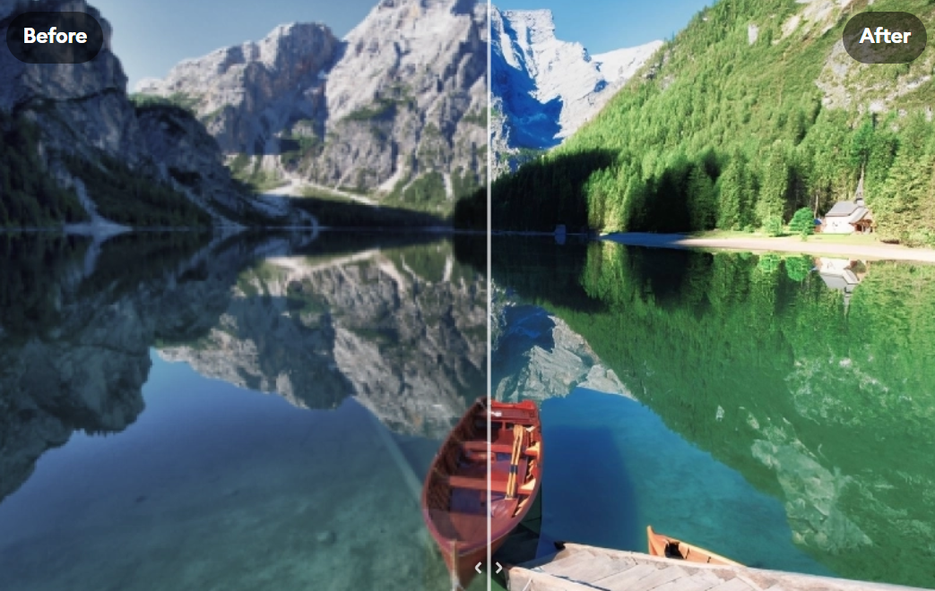 Фотография озера с лодками на переднем плане и горы с лесом на заднем фоне, разделённая на две части: слева затемнённое изображение (Before), справа яркое и насыщенное цветами (After).