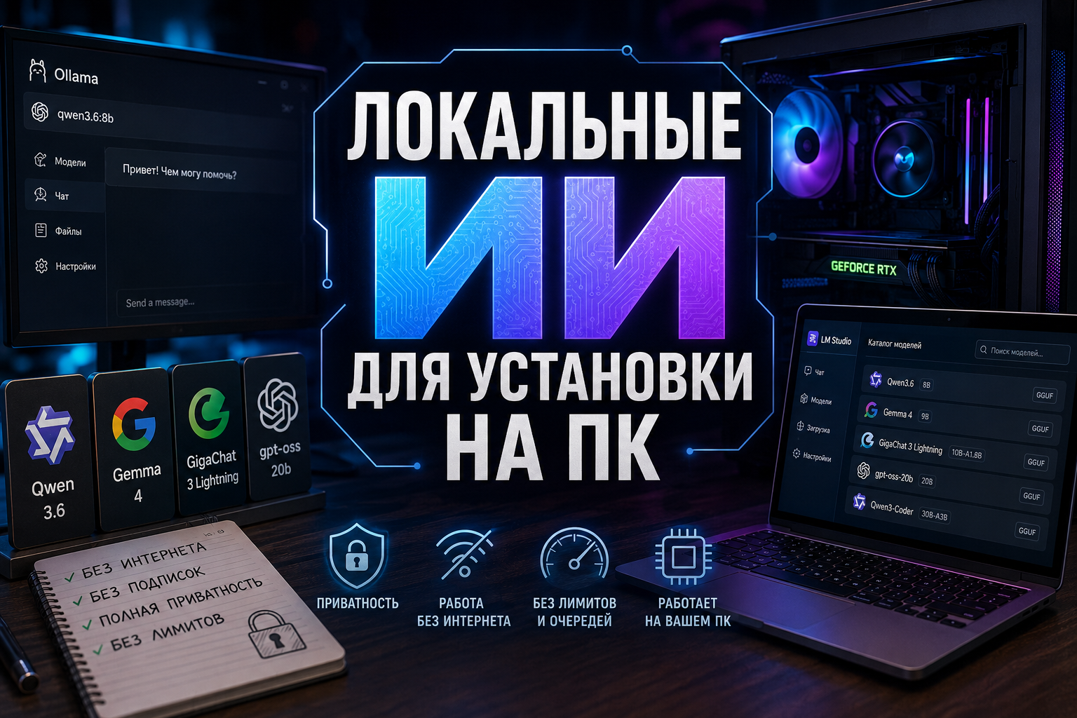 Изображение, показывающее интерфейс программного обеспечения для установки локальных ИИ на ПК с рядом моделей искусственного интеллекта и преимущественными характеристиками.