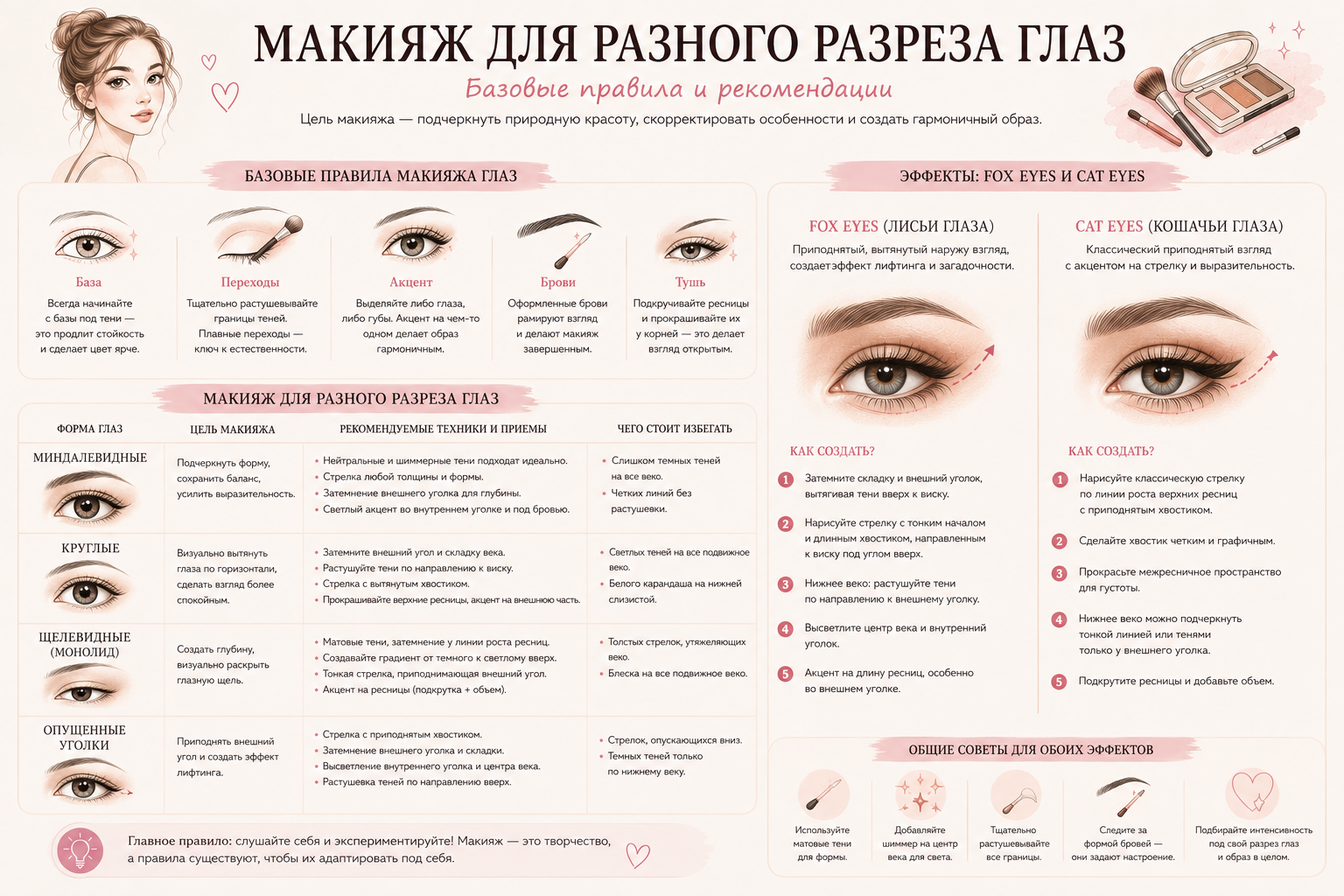 Инфографика с рекомендациями по макияжу для различных типов разреза глаз: миндалевидные, круглые, щелевидные (монолид) и опущенные уголки. Основные правила макияжа глаз с акцентом на базовые техники, эффекты Fox Eyes и Cat Eyes.