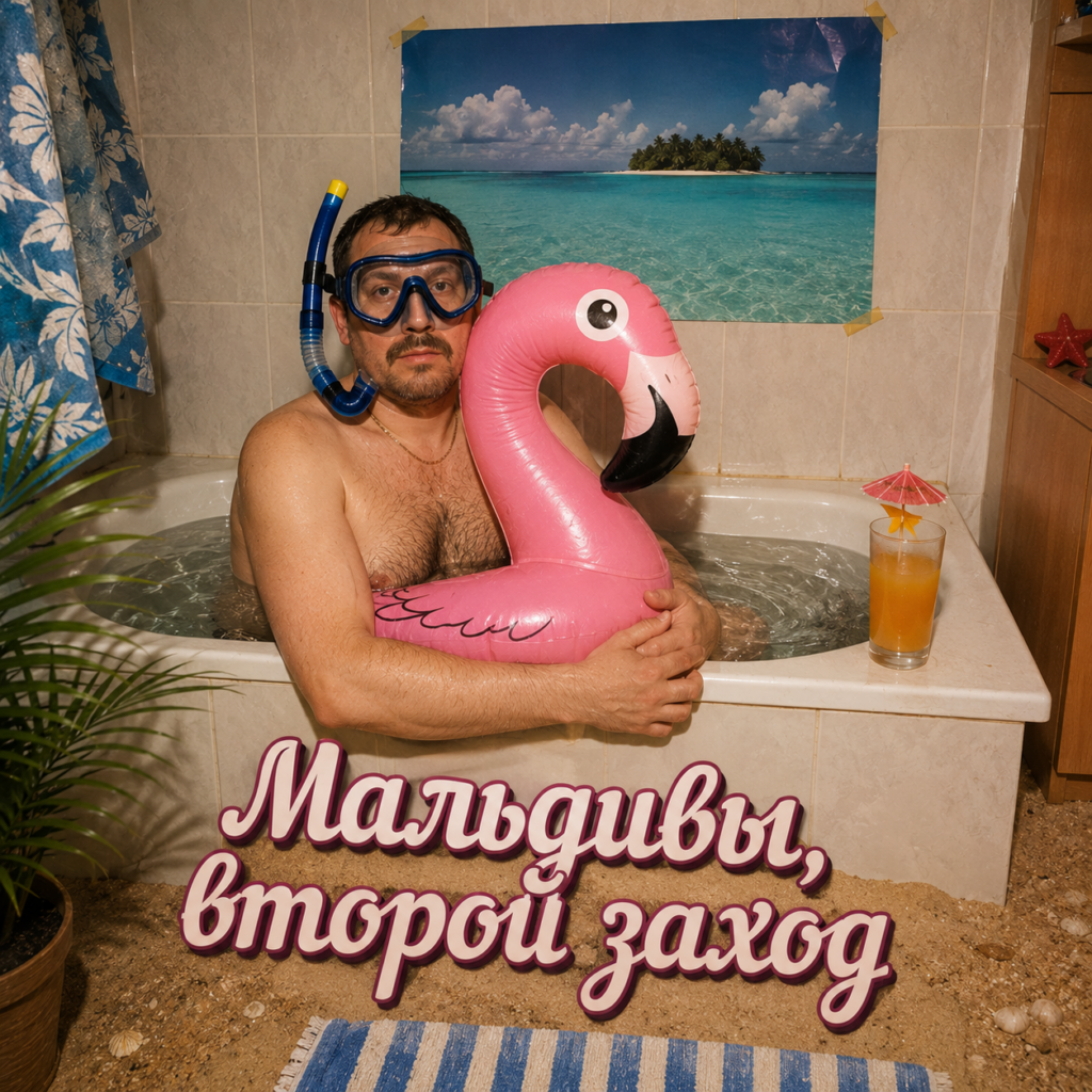 Мужчина в ванне с маской для снорклинга и надувным розовым фламинго на фоне плаката с изображением тропического острова.