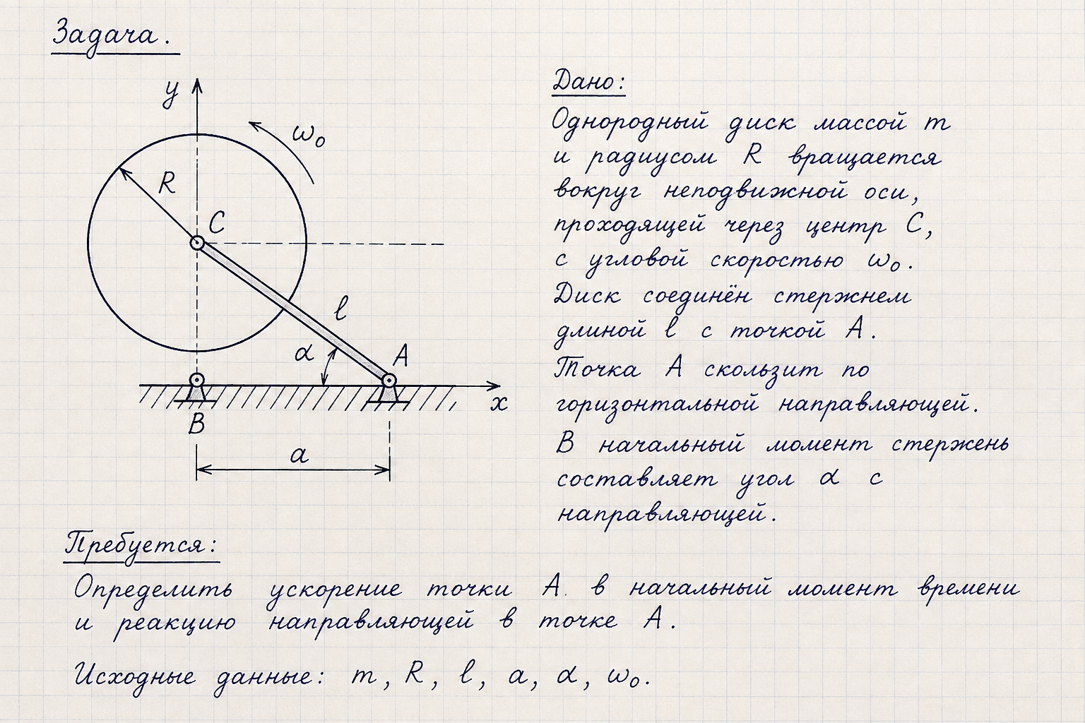 Рукописная математическая задача с рисунком однородного диска, соединенного с точкой А стержнем, с заданными параметрами.