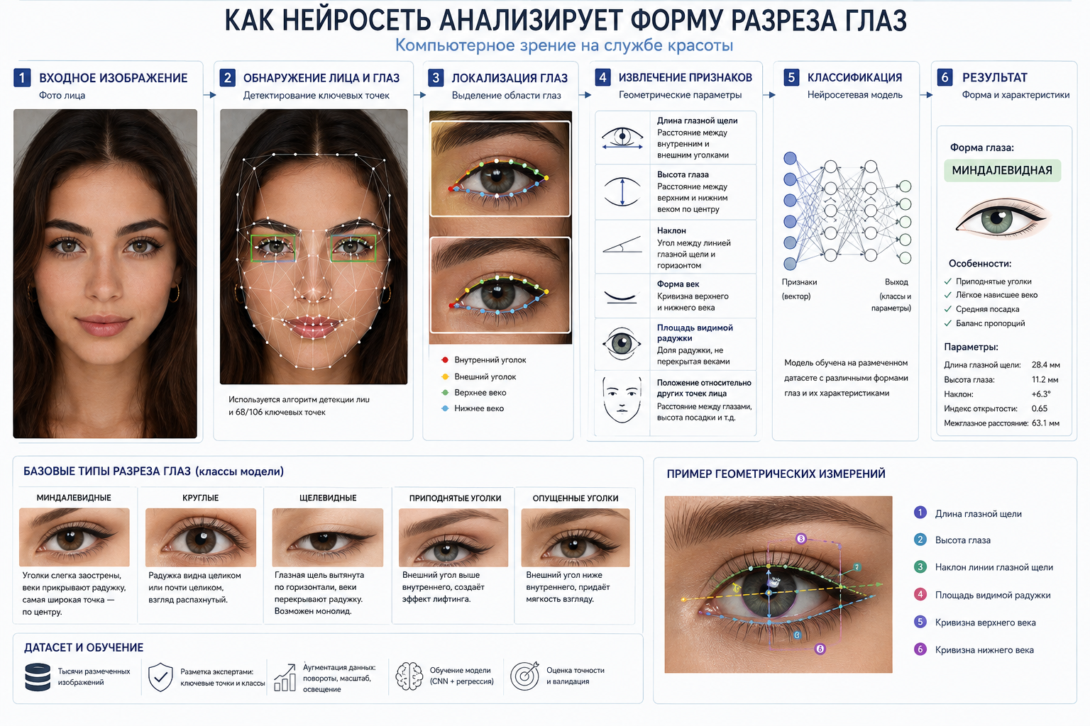 Информационная инфографика, показывающая, как нейросеть анализирует форму разреза глаз с использованием компьютерного зрения.