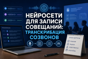 Изображение, демонстрирующее использование нейросетей для записи и транскрибации совещаний с графиком звуковых волн, ноутбуком с текстом транскрипции и списком итоги встречи на настольном блокноте.