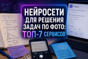 Изображение, иллюстрирующее использование нейросетей для решения математических задач по фотографии, с примерами уравнений на бумаге, на экране смартфона и ноутбука.