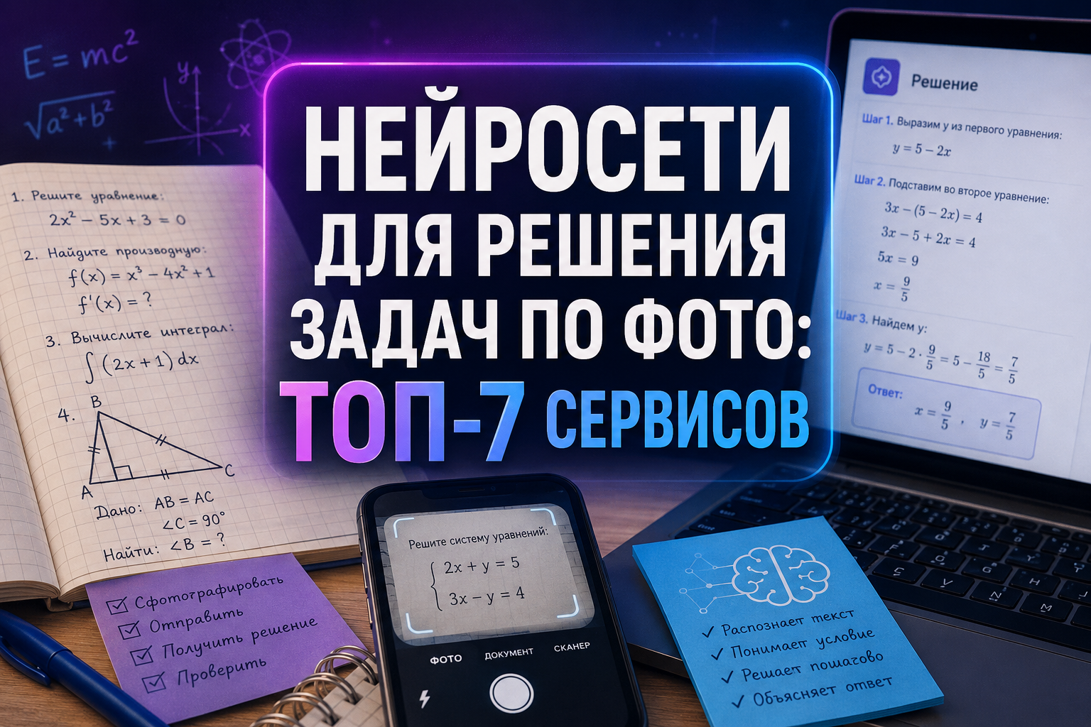 Изображение, иллюстрирующее использование нейросетей для решения математических задач по фотографии, с примерами уравнений на бумаге, на экране смартфона и ноутбука.
