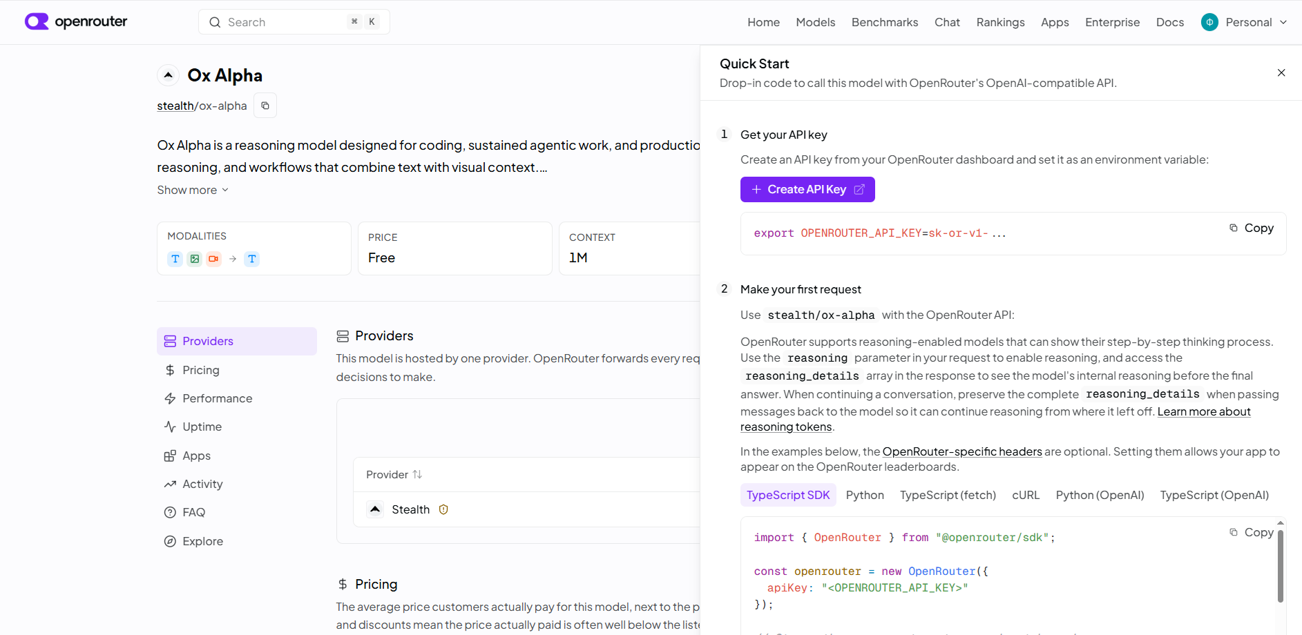 Скриншот интерфейса модели OpenRouter с описанием Ox Alpha, показом цен, поставщиков и инструкций по быстрому старту.