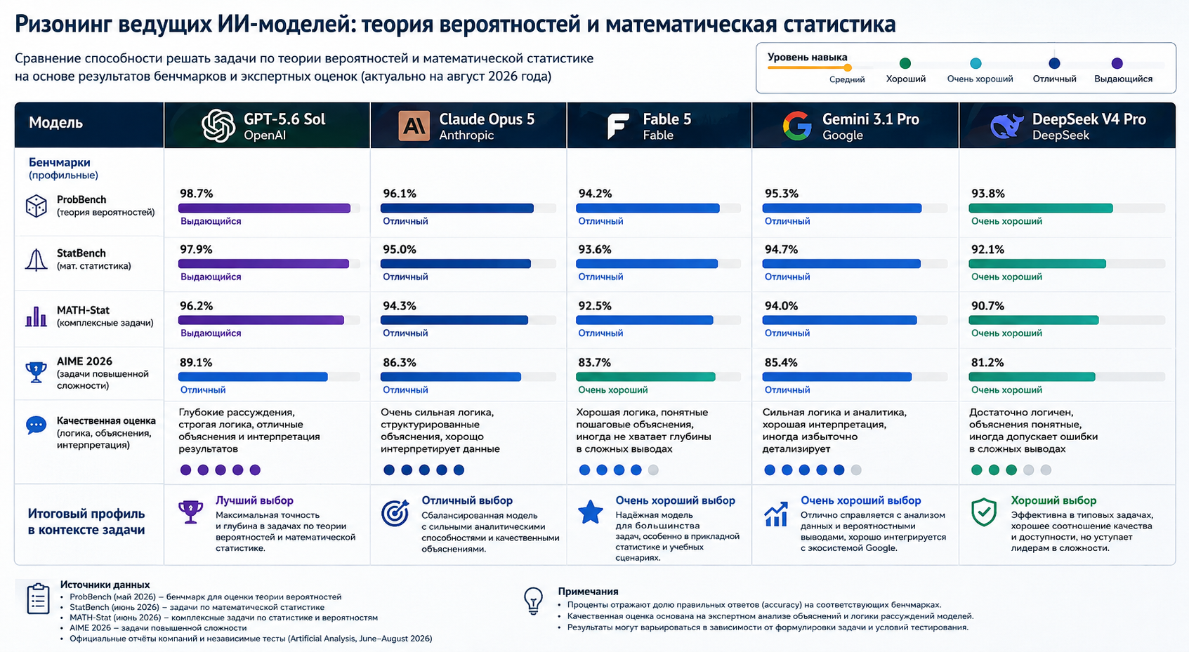 Сравнительная таблица производительности ведущих ИИ-моделей в решении задач теории вероятностей и математической статистики с результатами по различным бенчмаркам.