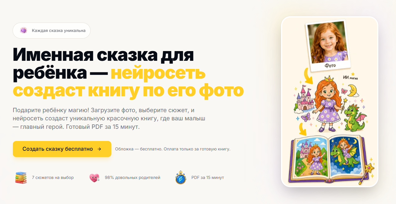 Иллюстрация процесса создания именной детской сказки: фото ребёнка преобразуется в цветные картинки с героем сказки и дракончиком, изображённые в книге.