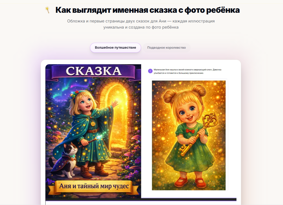 Иллюстрация детской сказки с изображением маленькой девочки в зеленом платье с ключом и котом, в волшебном окружении.