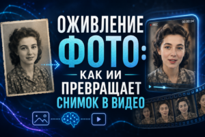 Изображение, демонстрирующее процесс оживления старой фотографии с помощью искусственного интеллекта, превращая снимок в видео.
