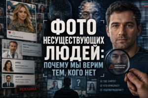 Коллаж с изображениями несуществующих людей, включая увеличенное лицо мужчины с пиксельной маской и надписью «Синтетическое изображение» в увеличительном стекле, а также текст на русском языке о проблеме веры в фото несуществующих людей.
