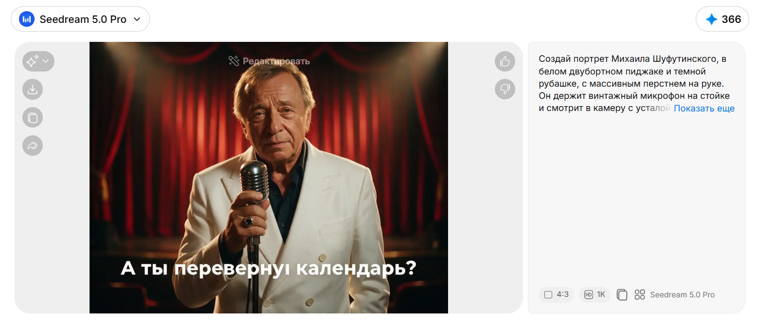 Мужчина в белом двубортном пиджаке и темной рубашке держит винтажный микрофон на сцене с красными занавесками.