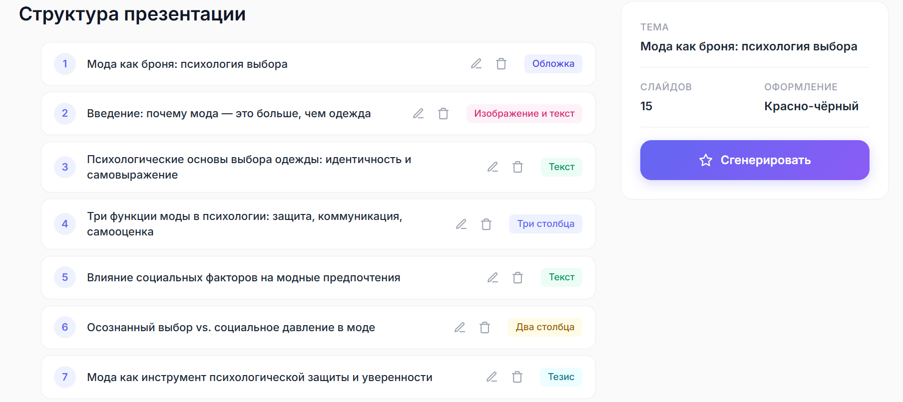Структура презентации на тему психологии выбора в моде с перечнем разделов и стилем оформления