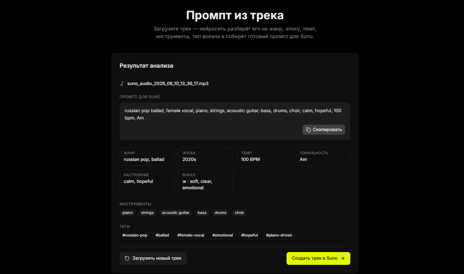 Анализ музыкального трека с характеристиками жанра, эпохи, темпа, тональности, настроения и инструментов.
