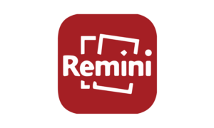Логотип приложения Remini на красном фоне с белым текстом и графическими элементами рамки.
