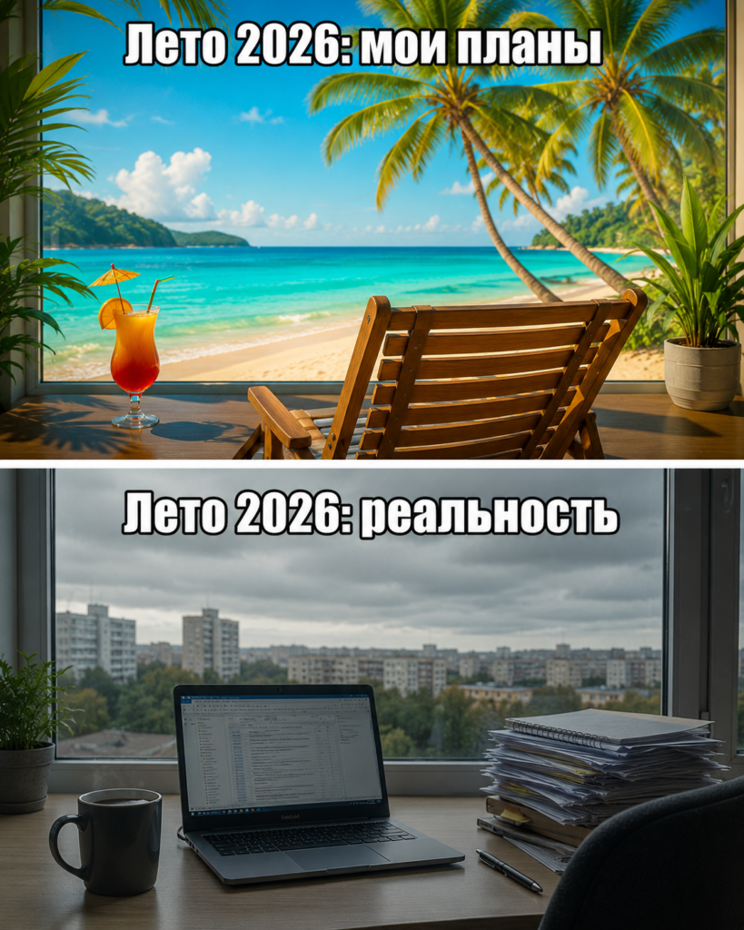 Две части изображения с текстом на русском языке: вверху пляжный пейзаж с креслом и коктейлем, озаглавленный «Лето 2026: мои планы»; внизу рабочий стол с ноутбуком, стопкой документов и чашкой кофе на фоне городских домов под пасмурным небом с надписью «Лето 2026: реальность».