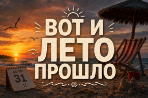 Пляж на закате с шезлонгом, зонтиком, песочным замком и календарём с датой 31 августа на фоне надписи "Вот и лето прошло","