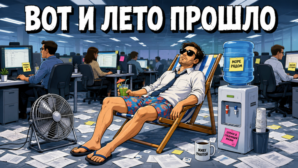 Мужчина в шортах и рубашке с галстуком отдыхает на шезлонге в офисе среди работников за компьютерами под надписью "Вот и лето прошло".