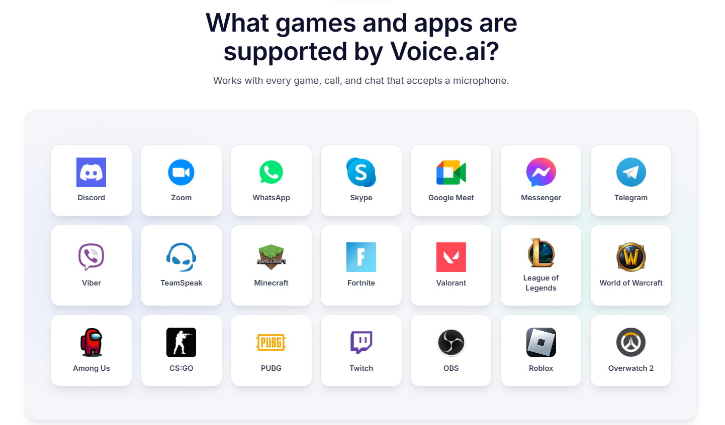 Список игр и приложений, поддерживаемых Voice.ai, включая Discord, Zoom, WhatsApp, Skype, Google Meet, Messenger, Telegram, Viber, TeamSpeak, Minecraft, Fortnite, Valorant, League of Legends, World of Warcraft, Among Us, CS:GO, PUBG, Twitch, OBS, Roblox и Overwatch 2.