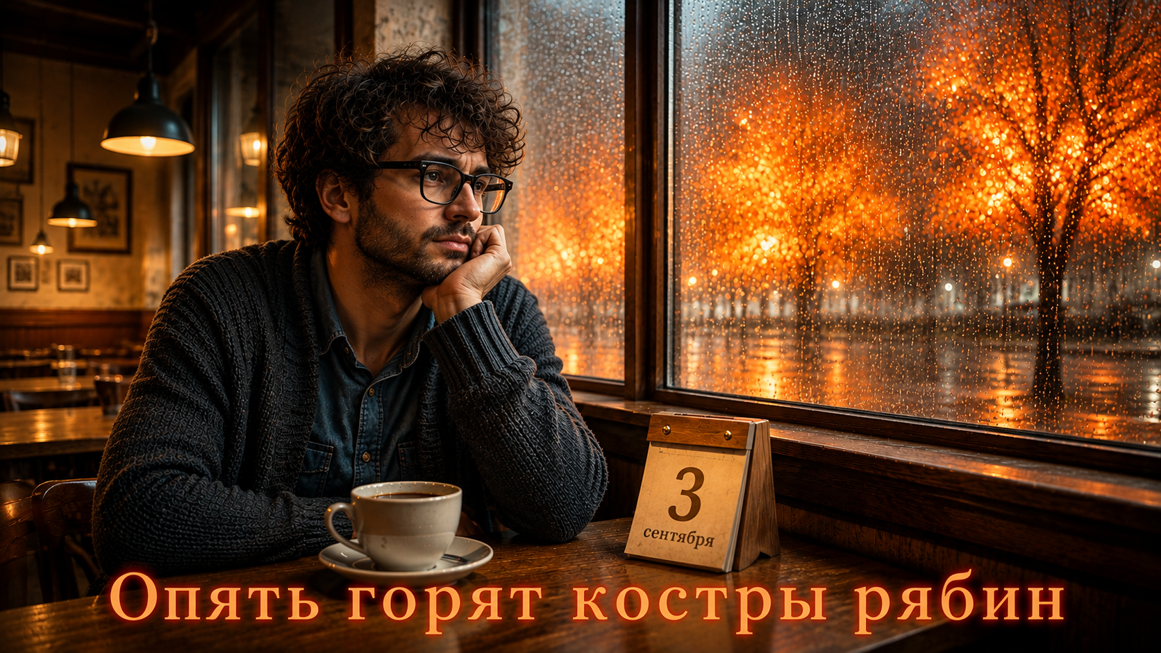 Мужчина в очках и темном свитере сидит в кафе у окна с каплями дождя, задумчиво смотрит на осенние деревья с ярко-оранжевыми листьями за окном.