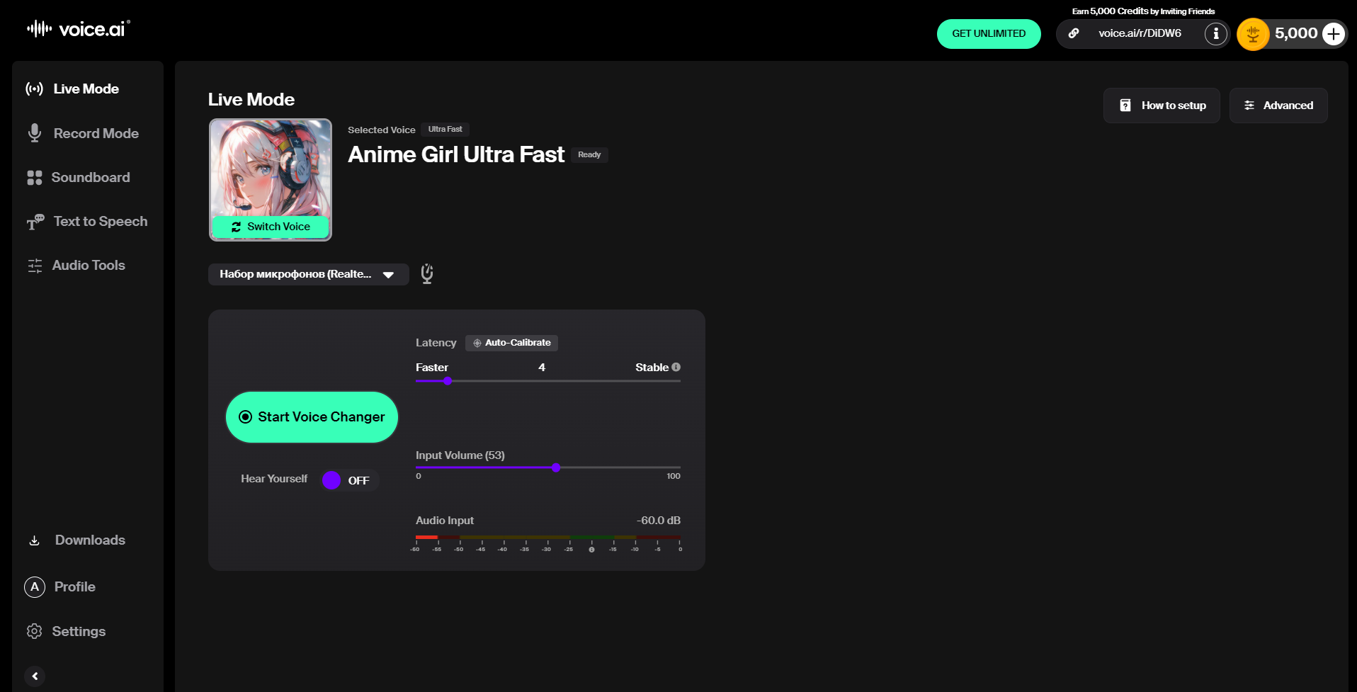 Интерфейс программы voice.ai для изменения голоса в режиме Live Mode с выбранным голосом Anime Girl Ultra Fast.
