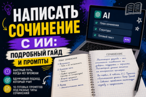 Изображение с заголовком "Написать сочинение с ИИ: подробный гайд и промпты". Справа ноутбук и открытая тетрадь с планом сочинения и примером текста.