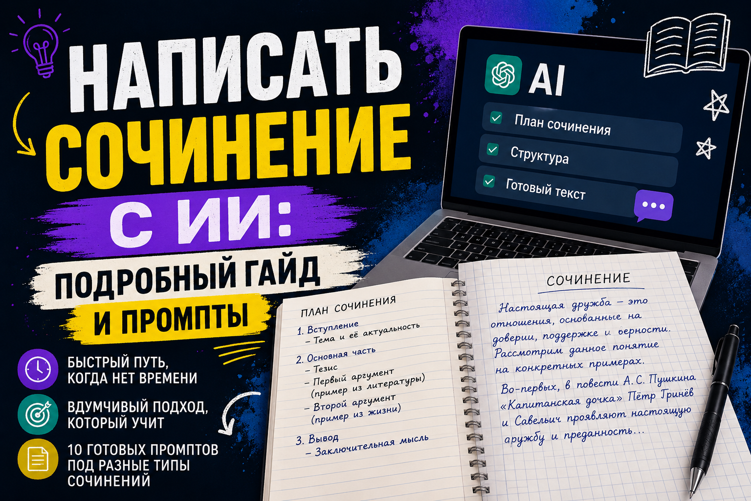 Изображение с заголовком "Написать сочинение с ИИ: подробный гайд и промпты". Справа ноутбук и открытая тетрадь с планом сочинения и примером текста.
